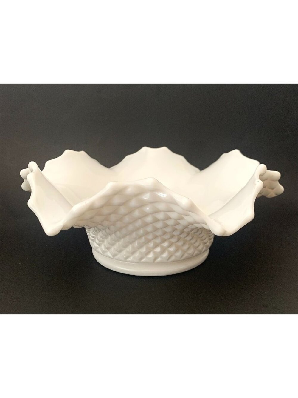 Vintage White Hobnail Ruffled Bowl Centerpiece Milk Glass 1960s